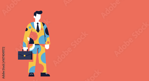 A unique businessman in a colorful, patterned suit stands with a briefcase, symbolizing creativity and individuality in the corporate world.