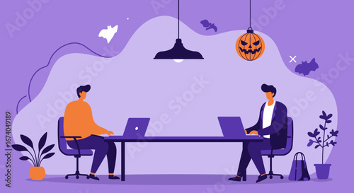 Two men work on laptops in a modern office, incorporating subtle Halloween decorations like a pumpkin lantern and bats, blending business with seasonal cheer.