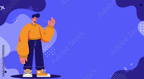 Modern young man in casual attire gesturing on an abstract blue background. Ideal for digital presentations, web design, or marketing concepts.