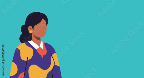 Modern graphic illustration of a diverse woman with a vibrant patterned top, ample copy space for business, lifestyle, or marketing themes.
