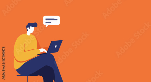 A person uses a laptop with a speech bubble, symbolizing online communication, chat, or customer support. Ideal for technology, business, or remote work concepts.