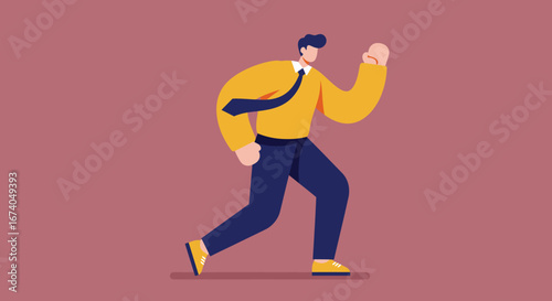 Determined businessman runs forward with purpose, symbolizing progress, ambition, and career growth. Ideal for themes of business drive, speed, and success.