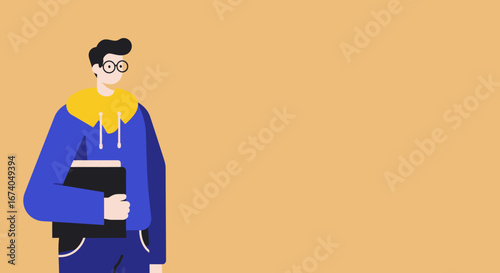 Illustration of a modern student or young professional in a hoodie with glasses, holding a folder, ideal for academic or lifestyle content.