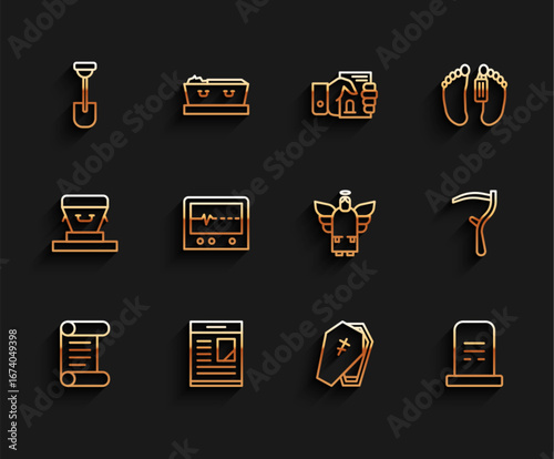 Set line Decree, parchment, scroll, Obituaries, Shovel, Coffin with cross, Grave tombstone, Beat dead monitor, Scythe and Christmas angel icon. Vector