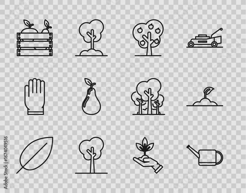 Set line Leaf, Watering can, Tree with apple, Wooden box for fruits and vegetables, Pear, Plant hand of environmental protection and Sprout icon. Vector