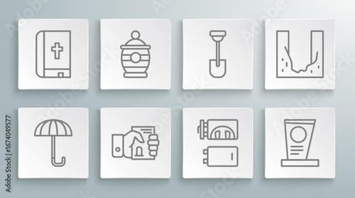 Set line Umbrella, Funeral urn, Death certificate in hand, Crematorium, Grave with tombstone, Shovel, Cemetery digged grave hole and Holy bible book icon. Vector