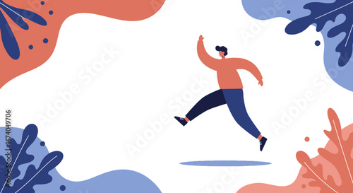 Vibrant illustration of an energetic man leaping forward with enthusiasm. Represents concepts of success, freedom, and dynamic progress in lifestyle or business.