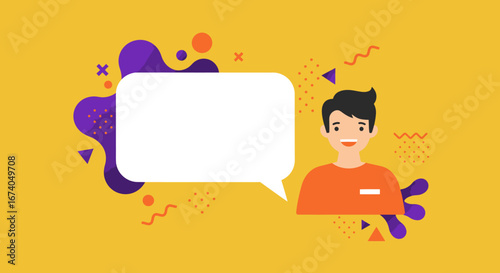 Friendly male avatar with an empty speech bubble on a vibrant yellow background, perfect for showcasing messages, customer reviews, or announcements in digital design.