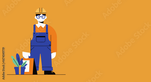 Professional worker in hard hat and overalls, standing with a plant, ideal for concepts like construction, renovation, skilled labor, or home services. Copy space for text.