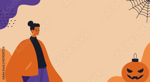 Stylish woman in autumn attire with Halloween decorations like a spider web and jack-o'-lantern on a festive background, perfect for seasonal promotions.