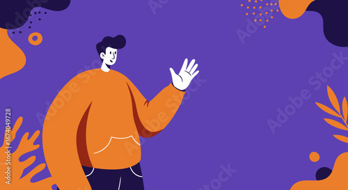 A friendly, minimalist illustration of a man in an orange hoodie waving on a vibrant purple background. Perfect for welcoming, communication, or presentation concepts.