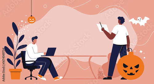 Two men collaborating in a modern office space, decorated with festive Halloween elements, blending professional work with seasonal celebration.