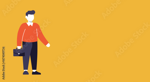 Professional man in a modern flat design style holding a briefcase, standing against a vibrant yellow background with ample copy space, symbolizing business and career.