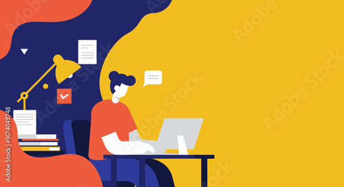 Focused person working diligently on a computer at a colorful desk, ideal for business, remote work, or online learning concepts, symbolizing productivity and communication.
