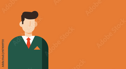Flat design illustration of a professional man in a green sweater and red tie against an orange background. Represents business, corporate, or anonymous identity.