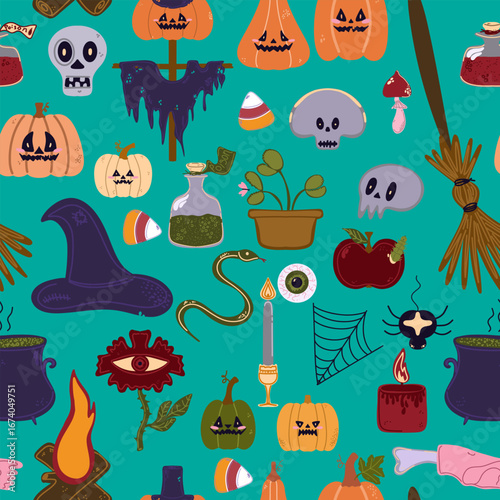 Seamless pattern of cute Halloween elements in cartoon style: pumpkins, skulls, candles, cauldron, witch hat, spider web and other holiday attributes