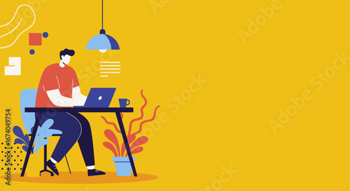 Man working diligently on a laptop at a modern desk with a plant and coffee cup, symbolizing remote work, productivity, and a contemporary workspace.