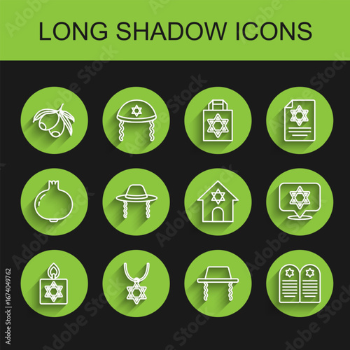Set line Burning candle, Star of David necklace on chain, Olives branch, Orthodox jewish hat, Tombstone with star david, and Jewish synagogue icon. Vector