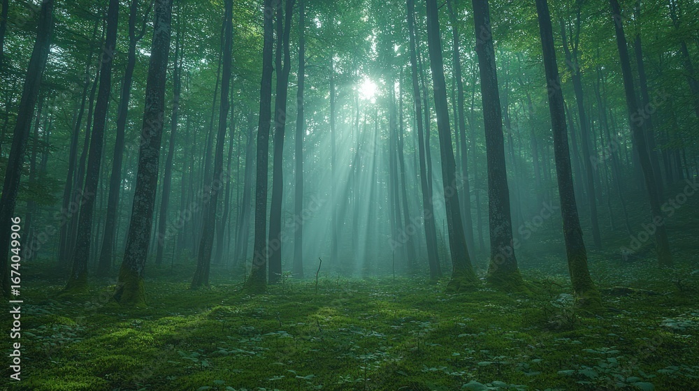Fototapeta premium Ethereal light through verdant trees in a lush, green forest