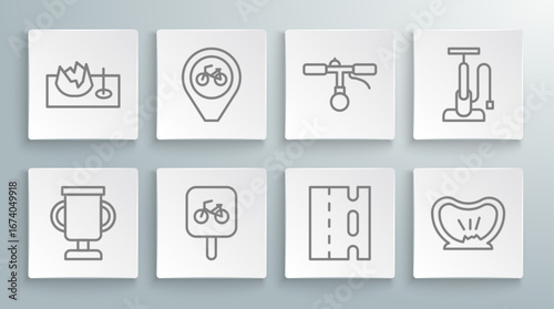 Set line Award cup with bicycle, Location, Bicycle parking, lane, punctured tire, handlebar, air pump and street ramp icon. Vector