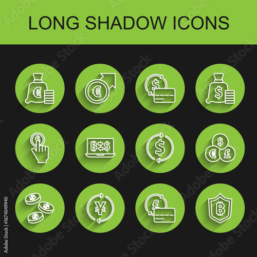 Set line Coin money with dollar, Yen, euro symbol, Credit card, Shield bitcoin, Cryptocurrency exchange, Currency and Financial growth and icon. Vector