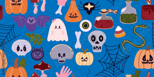 Seamless pattern of cute Halloween elements in cartoon style: pumpkins, skulls, candles, cauldron, witch hat, spider web and other holiday attributes