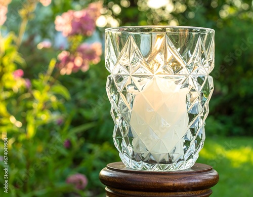 Clear glass candleholder in garden
