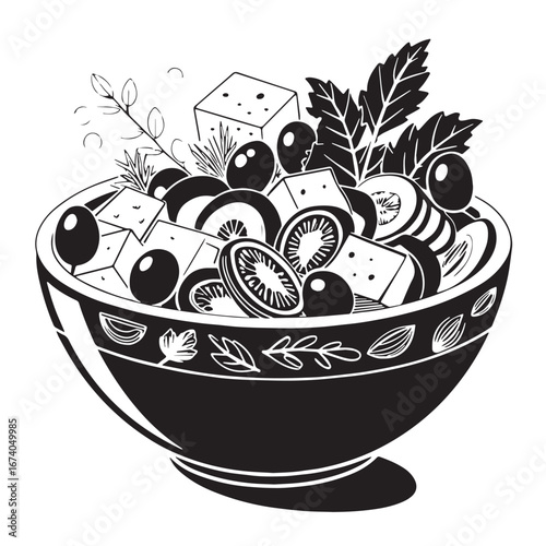 black greek salad  Silhouette Vector, High Quality Illustration on White Background