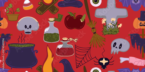 Seamless pattern of cute Halloween elements in cartoon style: pumpkins, skulls, candles, cauldron, witch hat, spider web and other holiday attributes