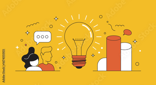 Illustration depicting creative collaboration and idea generation, leading to business growth and successful innovation. Perfect for concepts of strategy, brainstorming, and development.