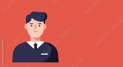 Minimalist illustration of a professional man in a suit and tie, ideal for business, corporate communication, or user profile concepts. Vibrant red background.