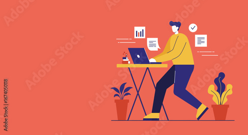 Productive person working remotely on a laptop, surrounded by business data visualizations and plants. Ideal for freelance work, digital marketing, or online education concepts.