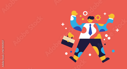 Dynamic businessman celebrating success with raised arms and a briefcase, symbolizing achievement, motivation, and positive business growth. Corporate concept.