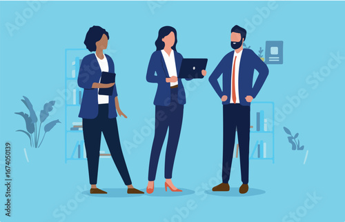 Group of office people - Businesspeople working in team, standing together with computers, smiling and discussing work. Colleague teamwork concept in flat design vector illustration