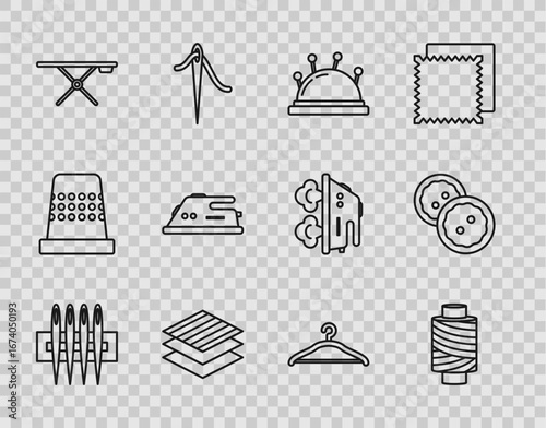 Set line Needle for sewing, Sewing thread on spool, bed and needles, Textile fabric roll, Ironing board, Electric iron, Hanger wardrobe and button clothes icon. Vector