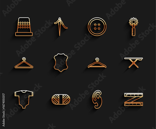 Set line Baby clothes, Sewing thread on spool, Thimble for sewing, French curves, Tape measure, Leather, Ironing board and Hanger wardrobe icon. Vector