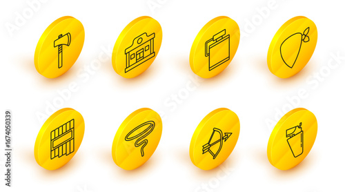 Set line Revolver gun in holster, Bow and arrow quiver, Lasso, Pan flute, Cowboy bandana, Canteen water bottle, Wild west saloon and Tomahawk axe icon. Vector