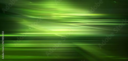 Dynamiczne, abstrakcyjne zielone tło z poziomymi smugami światła. Koncepcja technologii, energii i ekologicznej innowacji. © Henryk Guziak