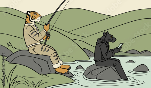 Create a highly detailed image of a serene lakeside setting with rolling green hills in the background. Two anthropomorphic animals are fishing by the water’s edge: a muscular tiger with a striped fac