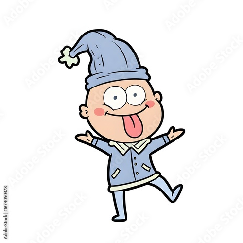 A cartoon illustration of a man with a blue hat and a blue outfit, sticking out his tongue and making a funny face, set against a white background with a blue border.
