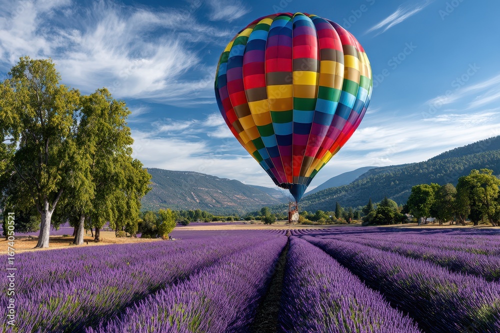 Obraz premium Colorful hot air balloon floating over lavender fields in summer