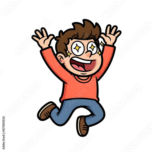 A cartoon illustration of a boy jumping with his arms raised in excitement.