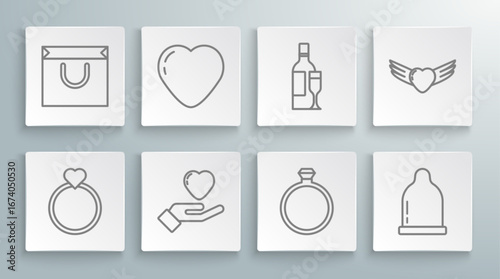 Set line Wedding rings, Heart, hand, Diamond engagement, Condom, Champagne bottle, with wings and Shopping bag icon. Vector