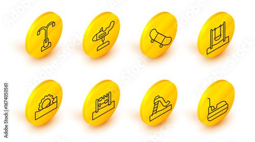 Set line Bumper car, Kid slide, Abacus, Ferris wheel, Swing, Skateboard trick, plane and Street light icon. Vector