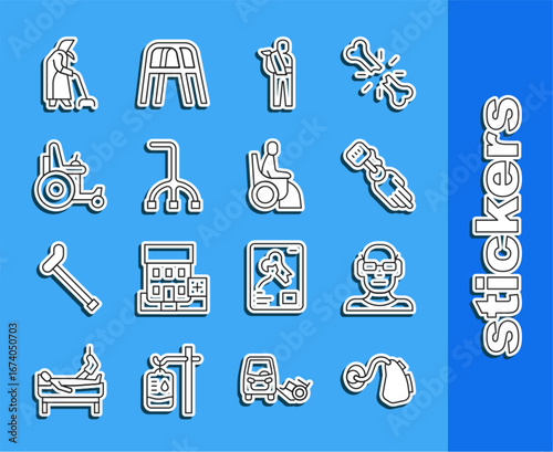 Set line Hearing aid, Poor eyesight, Prosthesis hand, Human broken arm, Walking stick cane, Electric wheelchair, Grandmother and Woman icon. Vector