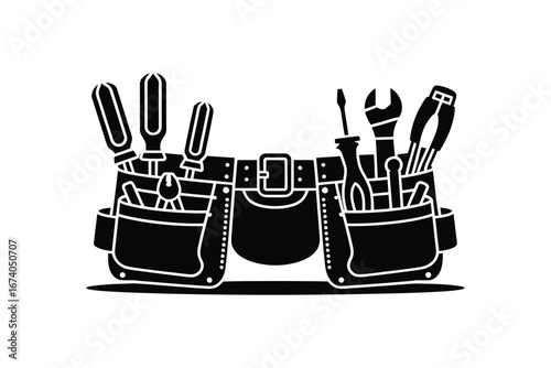 Black and white illustration of a tool belt filled with various hand tools