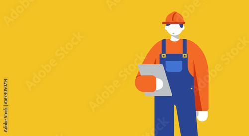 Professional worker in a hard hat and overalls holds a clipboard on a vibrant yellow background, symbolizing construction, safety, and project management.