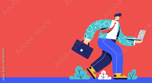 A busy professional illustration hurries, multitasking with a laptop and briefcase. Represents modern business, remote work, efficiency, and dynamic productivity.