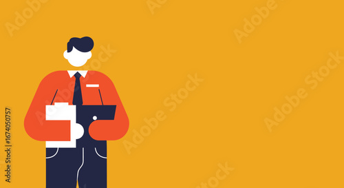 Professional man in a business shirt and tie, holding documents against a vibrant orange background. Ideal for business, corporate, or educational themes.