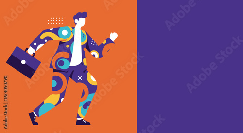 A vibrant illustration of a stylish businessman walking dynamically with a briefcase, symbolizing progress, innovation, and success in a modern professional world.